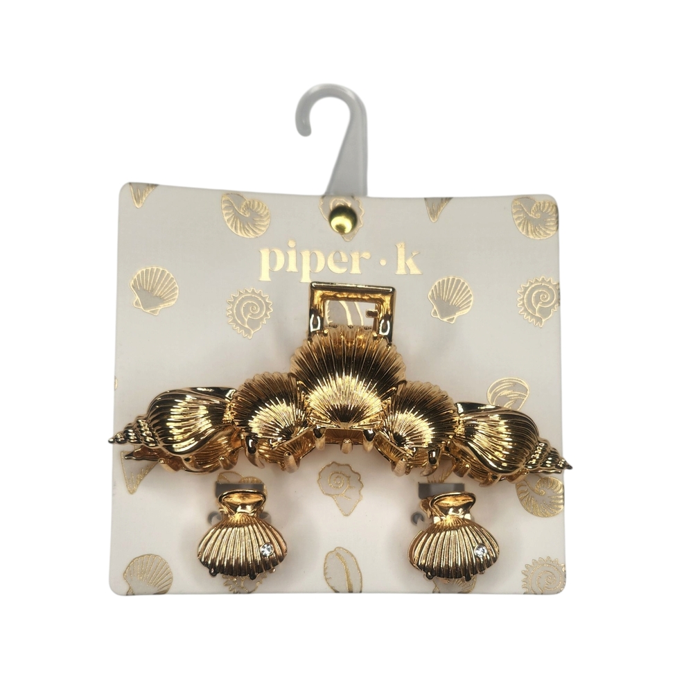 Piper K Gold Rhinestone Accented Seashell Hair Clip Set
